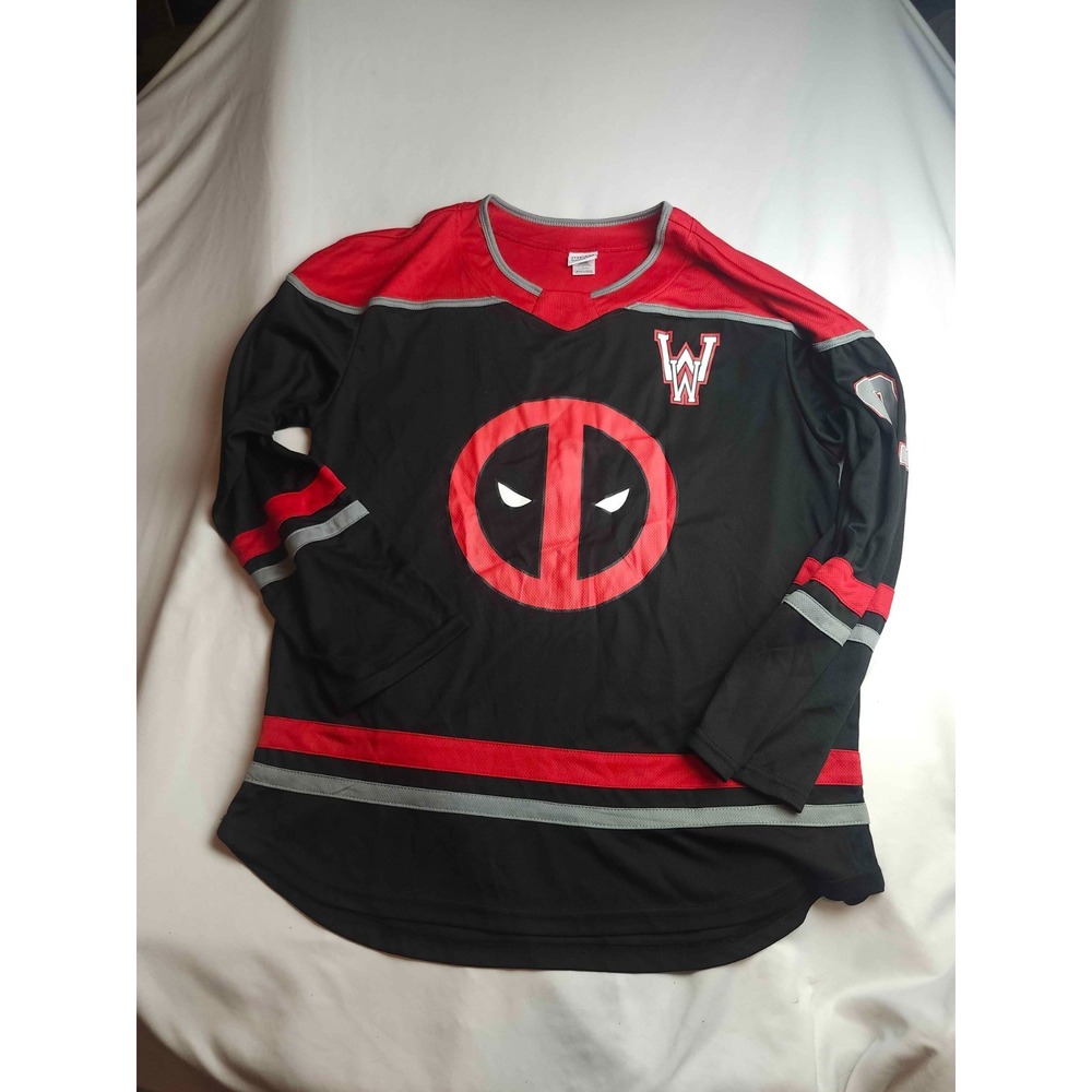 Marvel Deadpool Hockey Jersey Men Large 42-44 Black Red Mesh Graphic Long Sleeve